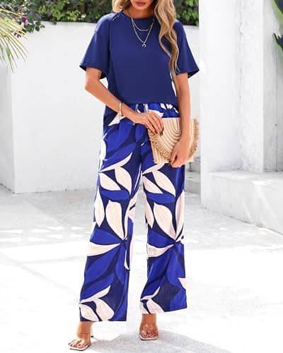PRETTYGARDEN Women Summer 2 Piece Outfits 2026 Short Sleeve Knit Top Floral Print Belted Wide Leg Pant Sets With Pockets(Dark Blue Floral,Medium) - Thumbnail 2