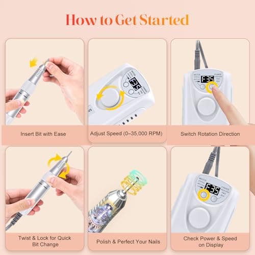 Professional Nail Drill Electric File:COYZU 35000RPM Portable Cordless Nail Drill Machine with Bits, Rechargeable E File for Acrylic & Gel Nails, Manicure & Pedicure Tech Tool for Home Salon, White - Thumbnail 6