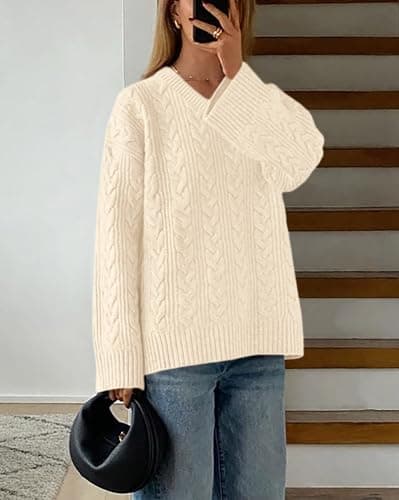 Okiwam Women's Oversized Sweaters Long Sleeve V Neck Cable Knit Pullover Tops Fall Outfits Spring Fashion Clothes 2026-XS Beige - Thumbnail 5