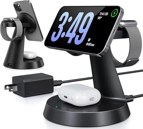 3 in 1 Wireless Charging Station for Apple, 15W Mag-Safe Charger Stand for iPhone17/16/15/14/13/12 Pro/Max/Plus/, Phone Charger Stand for Airpods 4/3/2, Wireless Charger for iWatch Series(Black) - Image 1