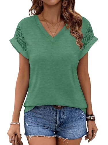 Bliwov Womens Summer Tops V Neck Lace Short Sleeve T Shirts Dressy Casual Business Outfits 2026 Spring Fashion Tee Clothes Green - Image 1