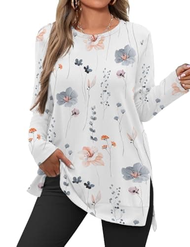 JUSTFASHIONNOW Womens Long Sleeve Tunic Tops to Wear with Leggings Crew Neck Side Split Layering Shirts Loose Fit Long Tops Floral White - Image 1