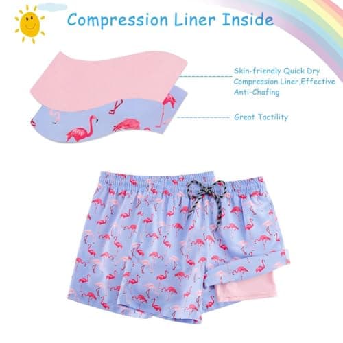 Cozople Big Boy's Pink Flamingo Swim Trunks with Compression Liner Quick Dry UPF50+ Swimwear Bathing Suits Stretchy No Mesh Sports Surfing Boardshorts Swimsuit Size 8 - Thumbnail 4