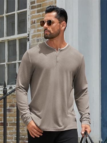 Hardaddy Men's Long Sleeve Henley Shirts Casual Color Block Henley Button T-Shirt Tops Light Khaki XL - Thumbnail 2
