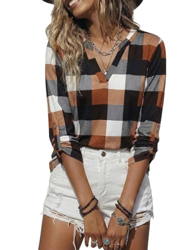 Dokotoo Womens Plus Size Spring Fall Fashion Casual Ladies Basic Cotton Cuffed 3/4 Long Sleeve Plaid Print V Neck Work Tops Tunic Blouses T Shirts for Women 2025 Yellow - Image 1