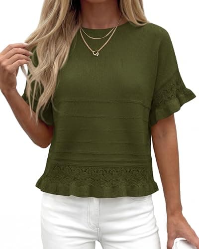 KIRUNDO Short Sleeve Sweater for Women 2026 Spring Summer Tops Crochet Round Neck Ruffled Hem Knit Pullover Casual Blouse(Army Green, XX-Large) - Thumbnail 5