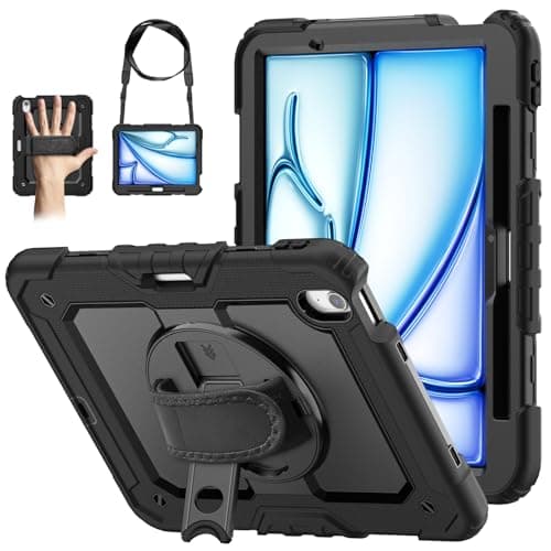 WEGLS Case for iPad Air 11 inch Case (M3 2025/ M2 2024)/ for Air 6th Generation with Screen Protector Pencil Holder, 360 Rotating Hand Strap & Stand, Black - Image 1