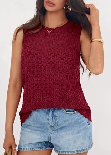 KIRUNDO Sweater Vest Women Crochet Tank Tops 2026 Spring Summer Sleeveless Knit Pullover Beach Cover Up Vacation Outfits (Red, Medium) - Thumbnail 4