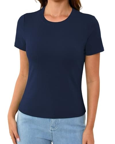Abardsion Cotton Basic Tees for Women Spring Outfits Tops 2026 Short Sleeve Crewneck Slim Fit T Shirts (Navy Blue, XS) - Image 1