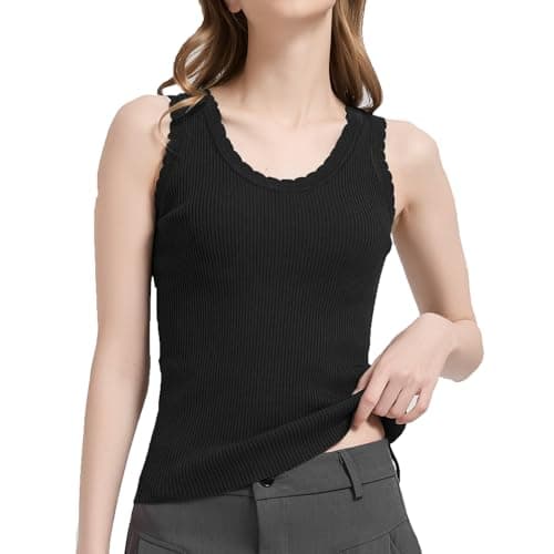 Orolay CHIIONE Womens Black Ribbed Tank Top Soft Knit Summer Tops Scalloped Neckline Layering Shirt Casual Wear - Image 1