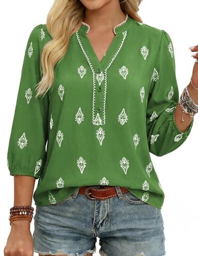 GRACE KARIN Boho Tops for Women Summer, Dressy Casual Floral Blouses, V Neck Button Up 3/4 Sleeve Shirts for Vacation Dark Green M - Image 1