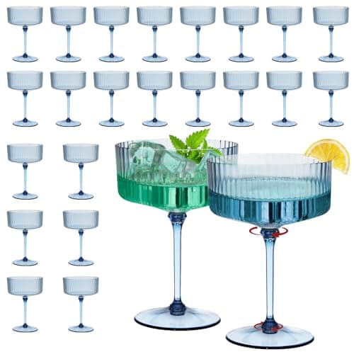 CALBODE 24Pcs Plastic Martini Glasses with Detachable Stems, 10oz Plasitc Ribbed Coupe Glasses Blue Vintage Cocktail Glassware Set Toasting Glasses for Party Wedding Anniversary - Image 1
