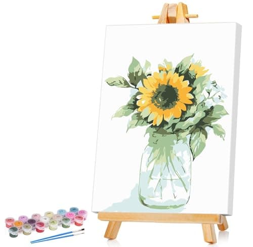 Ginkko Framed Paint by Numbers Kit for Adults Beginner & Kids Ages 8-12, Without Easel, Easy Acrylic on Canvas 8x12 inch with Paints and Brushes, Vase Sunflower for Home Wall Decor Gift - Image 1