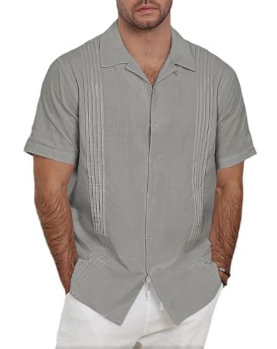 Guayabera Shirts for Men Linen Button Down Short Sleeves Shirt Casual Summer Cuban Vacation Beach Tops - Image 1