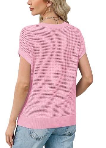 Womens Tops Trendy Short Sleeve Sweater for Women Spring Tops Cute Summer Outfits Cruise Teacher Resort Wear 2026 Boho Beach Vacation Clothes Fashion Clothing Business Casual Shirts Dressy Work Pink - Thumbnail 5