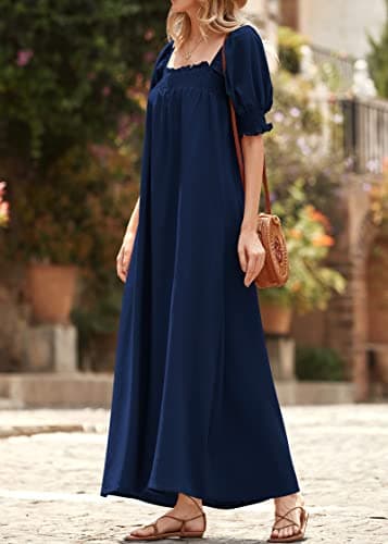 KIRUNDO Women 2026 Summer Maxi Dress Casual Loose Puff Sleeve Square Neck Maternity Flowy Long Beach Dresses with Pockets(Navy, Large) - Thumbnail 6