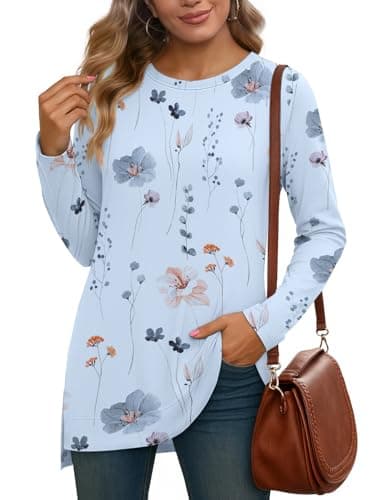 JUSTFASHIONNOW Womens Long Sleeve Tunic Tops to Wear with Leggings Crew Neck Side Split Layering Shirts Loose Fit Long Tops Floral Blue - Thumbnail 4