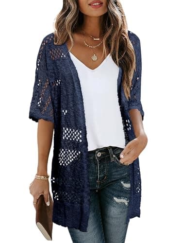KISSMODA Summer Crochet Short Sleeve Cardigan for Women Navy Open Front Casual Lightweight Kimono Cover Ups for Grocery Runs XL - Thumbnail 4