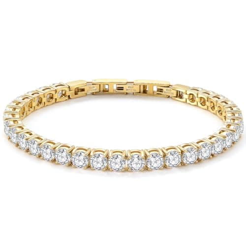 Tennis Bracelet for Women Men, 14K Gold Plated Round 5mm AAAA+ Cubic Zirconia CZ Dainty Classic Adjustable Stainless Steel Bracelets Festival Wedding Jewelry Gift (Gold, CZ 5mm) - Image 1