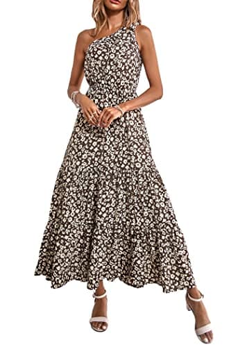 PRETTYGARDEN Women's Summer Floral Maxi Dress Knot One Shoulder Sleeveless Ruffle Flowy Boho Beach Wedding Guest Dresses(Coffee,X-Large) - Image 1