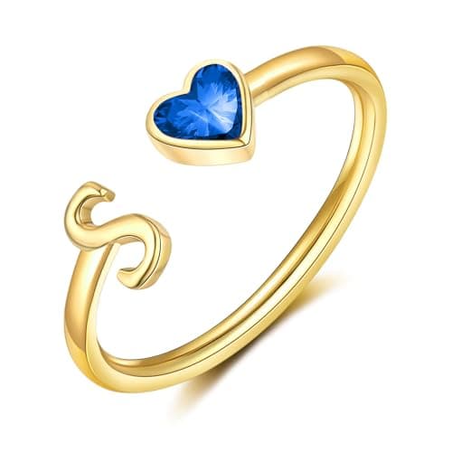 Easter Basket Stuffers-Initial Rings for Women Teen 14K Gold Plated Birthstone Rings Stackable Dainty Letter Rings Christmas Birthday Birthstone Jewelry Gifts for Mother Daughter,Adjustable Size - Image 1