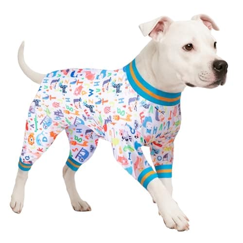 LovinPet Extra Large Dog Onesie for Surgery Male - Undershirt for Dog Hoodies, Lightweight Stretchy Flannel Fabric, White Noah's Ark Alphabet Print, Big Dog Jammies,Uv Protection, Easy to Wear,3XL - Image 1