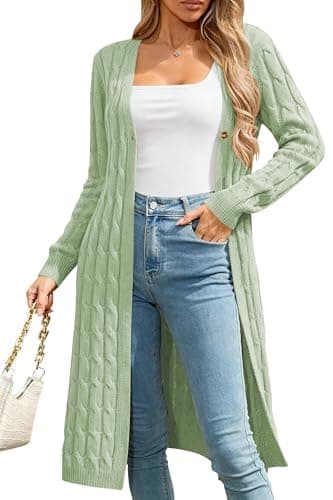Cakulo Womens Long Cardigans Cable Knit Chunky Cardigan Sweaters Open Front Fall Winter Fashion Outfits Coats 2025 Green XL - Image 1