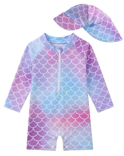 JiAmy Toddler Baby Girls Swimsuit with Sun Hat Long Sleeve Zipper Rash Guard Sun Protection Beach One Piece Bathing Suit Purple Mermaid 3-6 Months - Image 1