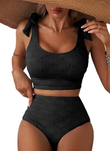 Herseas Womens Bikini Set Seashell Textured Adjustable Tie Shoulder High Waisted Swimsuits Tummy Control Stretchy Two Piece Bathing Suits Vintage Holiday Outfits Black XX-Large - Image 1