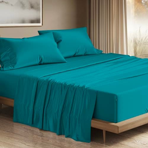 THREAD SPREAD 100% Egyptian Cotton Queen Sheets Set - 1200 Series Plush Collection Luxury Egyptian Cotton Sheets Queen Size Deep Pocket (4 PC, Teal), Soft, Cooling, Sateen Weave Sheet Set - Image 1