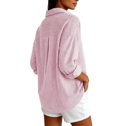 Striped Shirt Women Long Sleeve Summer Fall Tops Pink X-Large - Thumbnail 5