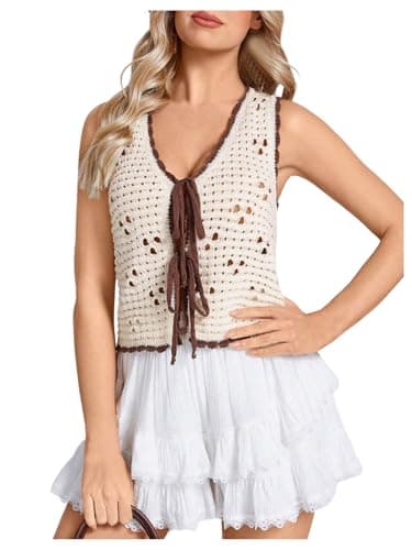 GORGLITTER Women's Crochet Tops Boho Tie Front Knit Crop Tank Tops Sleeveless Western Cowgirl Summer Going Out Outfits White and Brown Large - Image 1