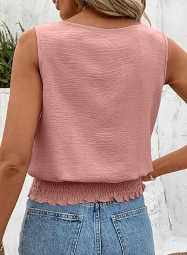 BLENCOT Womens Tank Tops Casual Cute Crewneck Sleeveless Shirts Slim Fit Smocked Top Summer Trendy Basic Cami Pink M - Thumbnail 3