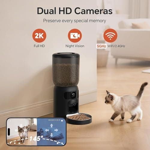 Centvicam Automatic Cat Feeder with Movable Camera: 5G WiFi Automatic Dog Feeder with Laser Pointer,Cat Food Dispenser with Night Vision for Multiple Pet, Detachable for Easy Clean -24 Cup -6L Storage - Thumbnail 2