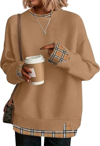 Disamer Womens Sweaters Fall Clothes Fashion 2026 Cowboy Chic Knit Cozy Sweater School Teacher Outfits Long Sleeve Pullover,Plaid Brown,Small - Image 1