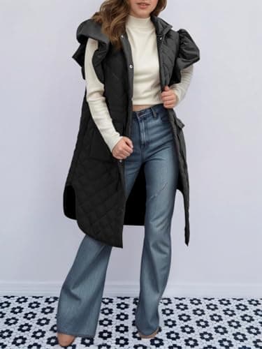 Tankaneo Womens Long Puffer Vest Ruffle Sleeve Winter Coats Hood Sleeveless Quilted Jackets Outwear - Thumbnail 4