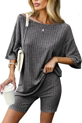 Molirex Matching Pajama Sets for Women, Summer 2 Piece Biker Short Set Off Shoulder 3/4 Sleeve Oversized Tracksuit Grey 2X-Large - Image 1