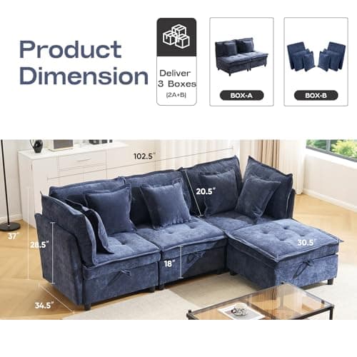 fanzutuz Modular Sectional Sofa, 102.5" L-Shaped Cloud Couch with Storage, 4-Seater Deep Seat Couch with Tufted Cushions & Removable Pillows, Comfy Chenille Couches for Living Room, Blue - Thumbnail 2