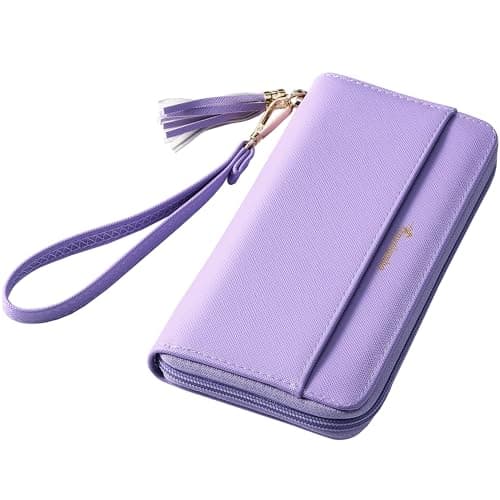 Travelambo Womens Wallet Tassel Bifold Ladies Clutch Wristlet Wrist strap Long Purse (CH Light Purple) - Image 1
