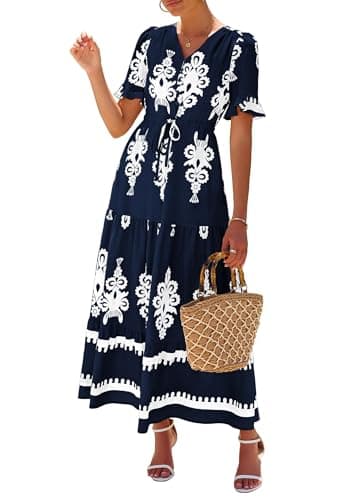 Lazysmile Summer Dresses for Women Short Sleeve V Neck Floral Drawstring Flowy A Line Boho Maxi Dress with Pockets Navy - Image 1