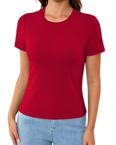 Abardsion Cotton Basic Tees for Women Spring Outfits Tops 2026 Short Sleeve Crewneck Slim Fit T Shirts (Bright Red, M) - Image 1