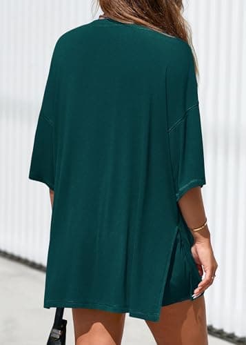 KIRUNDO 2 Piece Sets for Women Summer Lounge Sets Casual Oversized Tshirts Shorts Matching Airport Travel Outfits Postpartum(Peacock Green, Medium) - Thumbnail 2
