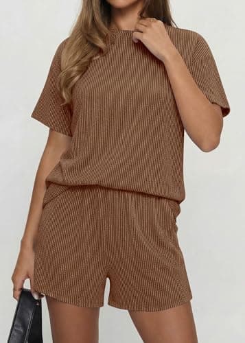 KIRUNDO 2 Piece Sets for Women Summer Shorts Lounge Set Matching Ribbed Knit Short Sleeve Top Airport Travel Vacation Outfits(Brown, X-Large) - Thumbnail 4