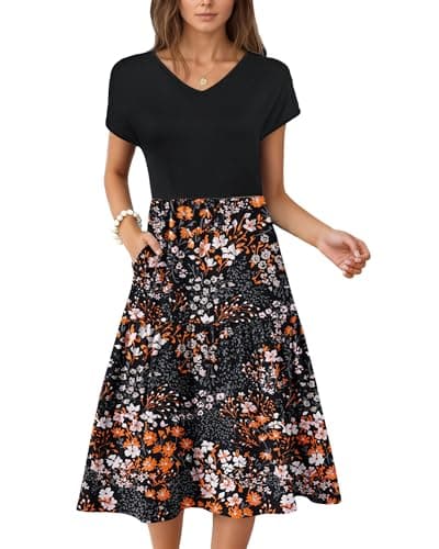 WNEEDU Casual Dresses for Women Sundress Hawaiian Womens Summer Dresses 2026 Vestidos Casuales para Mujer Boho Dress Cruise Outfits with Pocket Graduation Vacation Midi Dress,BK PK OG Floral,M - Image 1