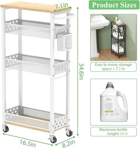 MJIMKE Utility Slim Rolling Storage Cart with Wheels, 4 Tier Narrow Metal Kitchen Cart Bathroom Laundry Room Organization Trolley with Wood Rack and Removable Mesh Basket for Small Space, 7.1IN White - Thumbnail 2