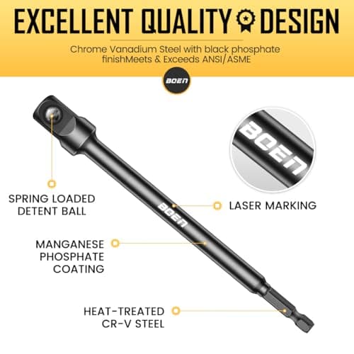 BOEN 6-Piece Impact Grade Socket Adapter Set, 3-Inch & 6-Inch Hex Shank Extension Bit, 1/4", 3/8", and 1/2" Drive, Adapt Your Power Drill To High Torque Impact Wrench - Thumbnail 4