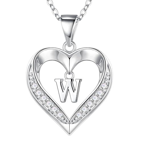 Turandoss Silver Heart Initial Necklace for Women - Dainty 14K-White-Gold-Plated Heart Pendant Necklace with Tiny Letter W, Fashion Jewelry Gifts for Women - Image 1