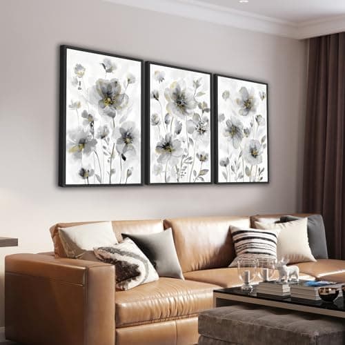 Large Framed Wall Art Wildflowers Wall Pictures, Modern Cream White Flowers Painting Prints 24"x36" Set of 3 Abstract Blossom Plant Canvas Artwork for Living Room Bedroom Office Home Decor - Image 1