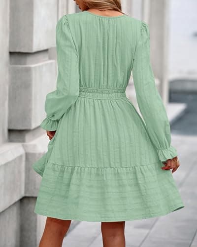 BTFBM Mini Dresses for Women 2026 Casual Lightweight Long Sleeve V Neck A Line Elastic Waist Party Holiday Dress(Sage Green, XX-Large) - Thumbnail 3
