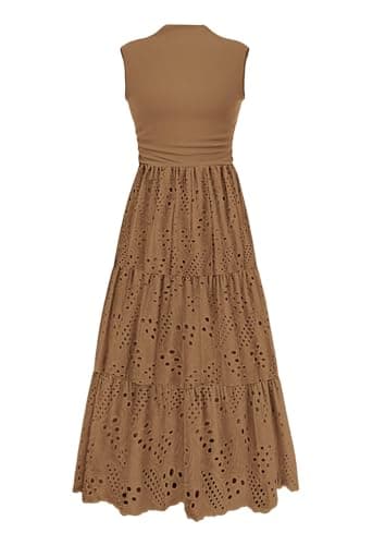 PRETTYGARDEN Summer Dresses for Women 2026 Casual Eyelet Sleeveless Wedding Guest Maxi Dress Tank Top Sundress with Pockets (Khaki,Large) - Image 1